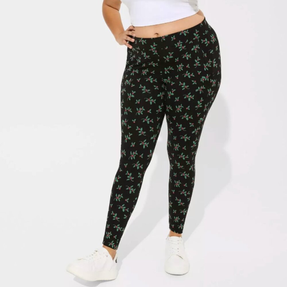 TORRID Full Length Holly Leaf Leggings Size 1X Signature Waist Pocket Black NEW - Picture 2 of 6